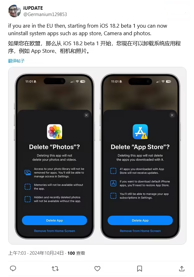 忻城苹果手机维修分享iOS 18.2 支持删除 App Store 应用商店 