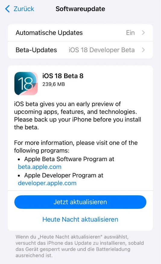 忻城苹果手机维修分享苹果 iOS / iPadOS 18 开发者预览版 Beta 8 发布 
